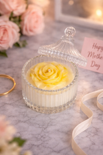 Load image into Gallery viewer, Decorative glass container with a yellow rose on a marble surface with pink flowers and a 'Happy Mother's Day' card in the background.
