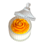 Load image into Gallery viewer, Yellow rose in a decorative glass container with a clear lid on a white background
