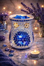 Load image into Gallery viewer, Decorative wax warmer with blue mosaic design on a table with lavender flowers.
